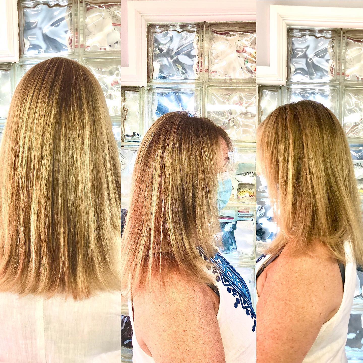 profile and back of a woman with pretty blonde cut and color